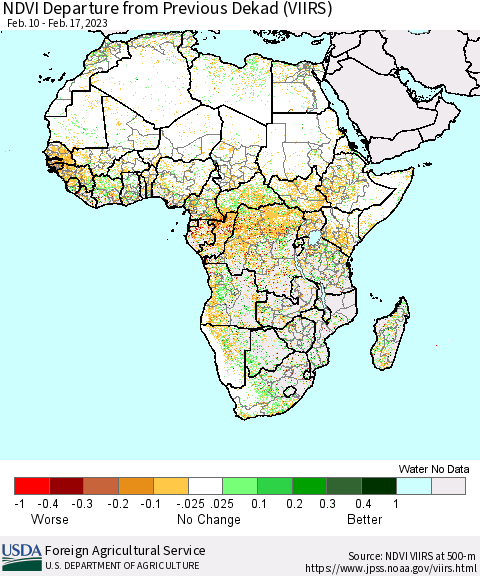 Africa NDVI Departure from Previous Dekad (VIIRS) Thematic Map For 2/11/2023 - 2/20/2023