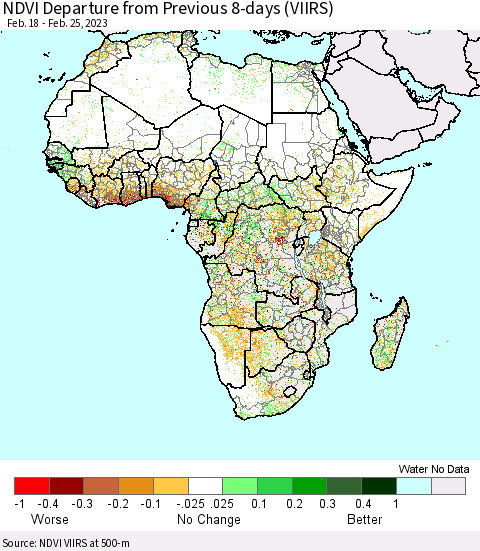 Africa NDVI Departure from Previous 8-days (VIIRS) Thematic Map For 2/18/2023 - 2/25/2023