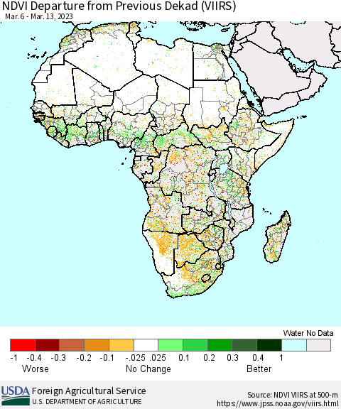 Africa NDVI Departure from Previous Dekad (VIIRS) Thematic Map For 3/11/2023 - 3/20/2023