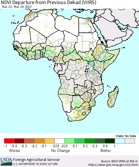 Africa NDVI Departure from Previous Dekad (VIIRS) Thematic Map For 3/21/2023 - 3/31/2023