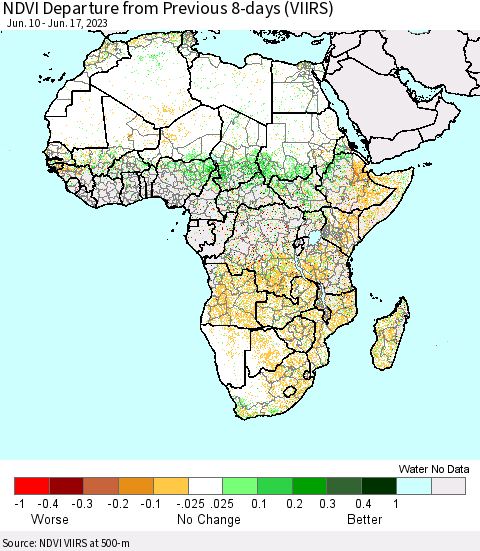 Africa NDVI Departure from Previous 8-days (VIIRS) Thematic Map For 6/10/2023 - 6/17/2023