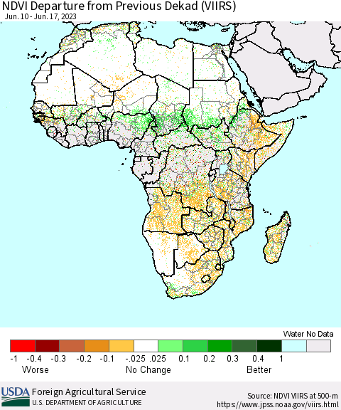 Africa NDVI Departure from Previous Dekad (VIIRS) Thematic Map For 6/11/2023 - 6/20/2023