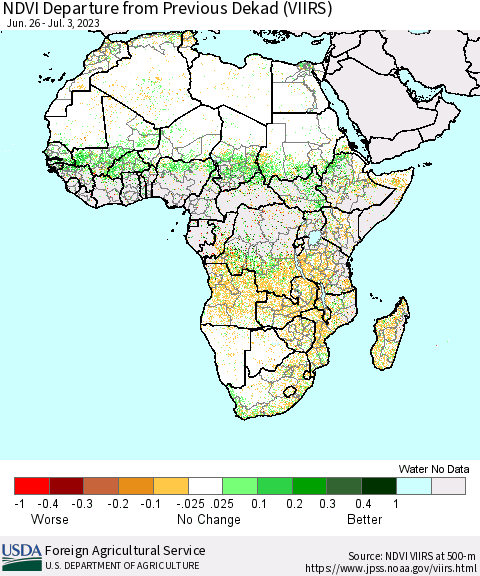 Africa NDVI Departure from Previous Dekad (VIIRS) Thematic Map For 7/1/2023 - 7/10/2023