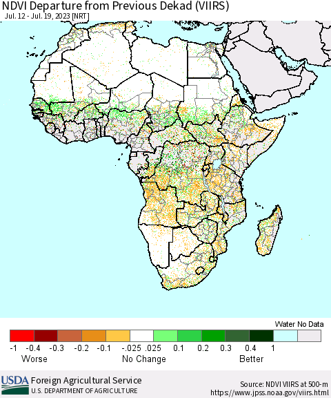 Africa NDVI Departure from Previous Dekad (VIIRS) Thematic Map For 7/11/2023 - 7/20/2023