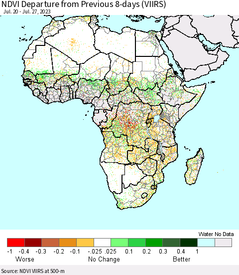 Africa NDVI Departure from Previous 8-days (VIIRS) Thematic Map For 7/20/2023 - 7/27/2023