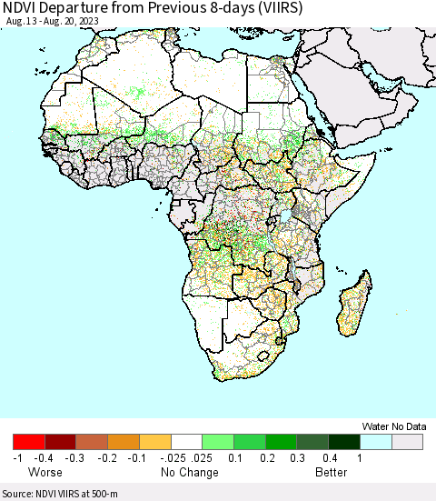 Africa NDVI Departure from Previous Dekad (VIIRS) Thematic Map For 8/11/2023 - 8/20/2023