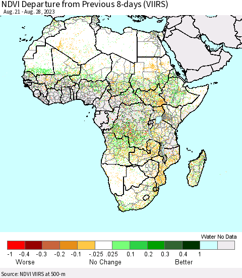 Africa NDVI Departure from Previous 8-days (VIIRS) Thematic Map For 8/21/2023 - 8/28/2023