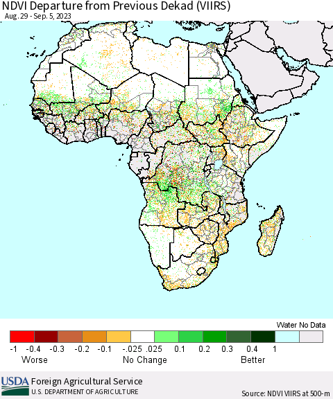 Africa NDVI Departure from Previous Dekad (VIIRS) Thematic Map For 9/1/2023 - 9/10/2023