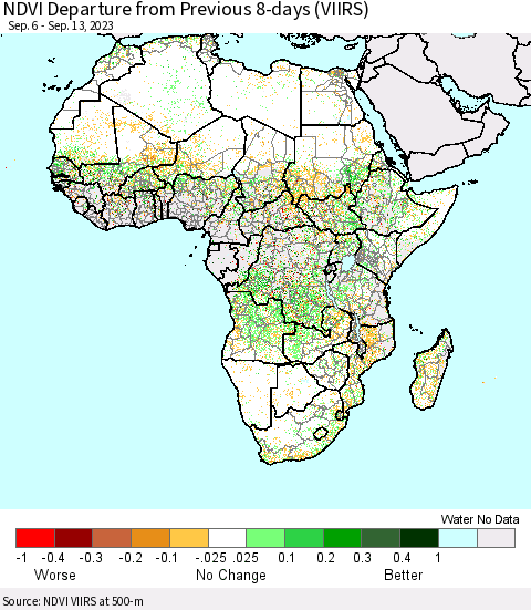 Africa NDVI Departure from Previous 8-days (VIIRS) Thematic Map For 9/6/2023 - 9/13/2023