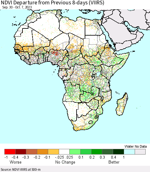 Africa NDVI Departure from Previous 8-days (VIIRS) Thematic Map For 9/30/2023 - 10/7/2023