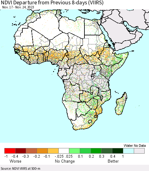 Africa NDVI Departure from Previous 8-days (VIIRS) Thematic Map For 11/17/2023 - 11/24/2023
