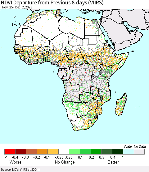 Africa NDVI Departure from Previous 8-days (VIIRS) Thematic Map For 11/25/2023 - 12/2/2023