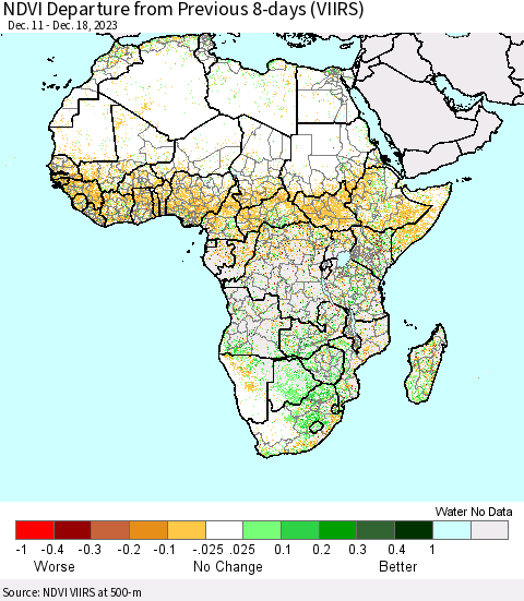 Africa NDVI Departure from Previous 8-days (VIIRS) Thematic Map For 12/11/2023 - 12/18/2023
