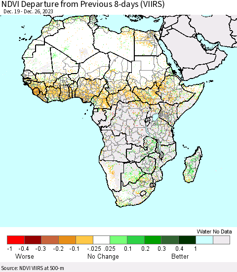 Africa NDVI Departure from Previous 8-days (VIIRS) Thematic Map For 12/19/2023 - 12/26/2023