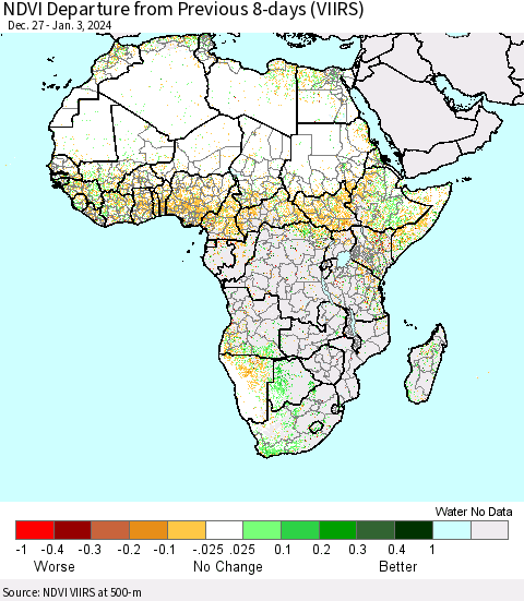 Africa NDVI Departure from Previous 8-days (VIIRS) Thematic Map For 12/27/2023 - 1/3/2024