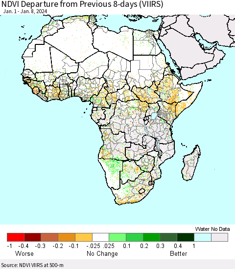 Africa NDVI Departure from Previous 8-days (VIIRS) Thematic Map For 1/1/2024 - 1/8/2024