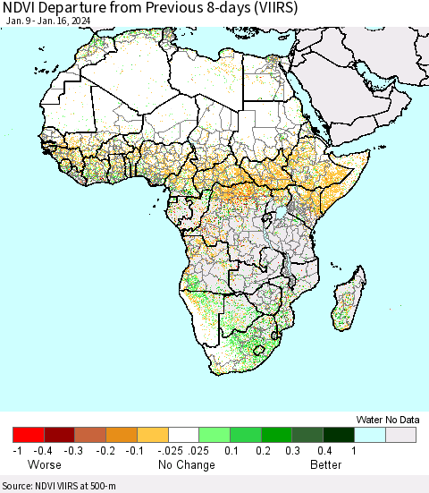 Africa NDVI Departure from Previous 8-days (VIIRS) Thematic Map For 1/9/2024 - 1/16/2024