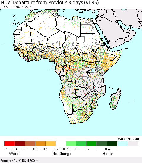 Africa NDVI Departure from Previous 8-days (VIIRS) Thematic Map For 1/17/2024 - 1/24/2024