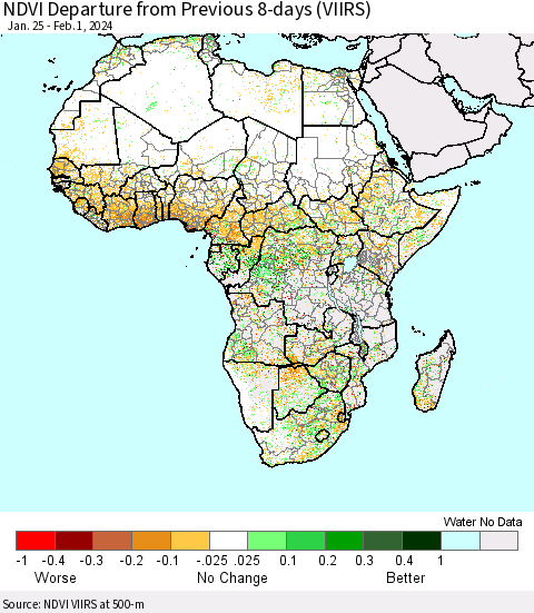 Africa NDVI Departure from Previous 8-days (VIIRS) Thematic Map For 1/25/2024 - 2/1/2024