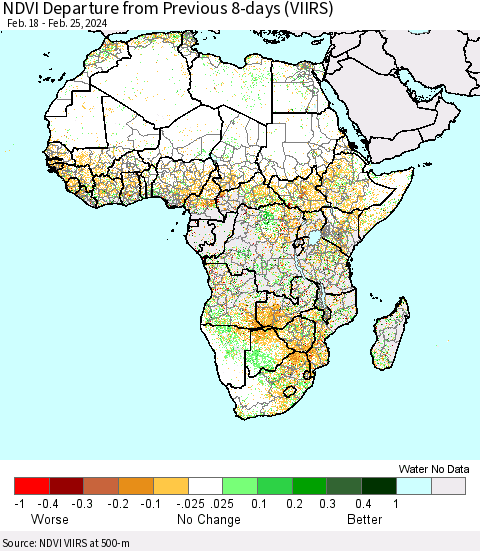 Africa NDVI Departure from Previous 8-days (VIIRS) Thematic Map For 2/18/2024 - 2/25/2024