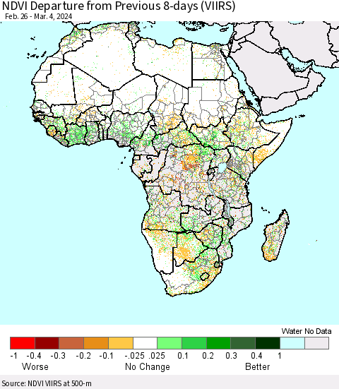 Africa NDVI Departure from Previous 8-days (VIIRS) Thematic Map For 2/26/2024 - 3/4/2024