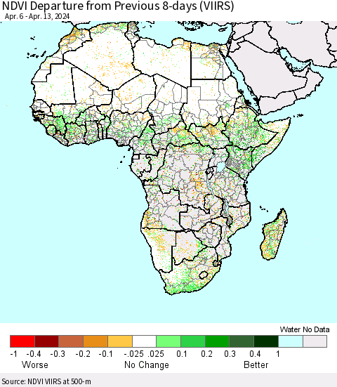 Africa NDVI Departure from Previous 8-days (VIIRS) Thematic Map For 4/6/2024 - 4/13/2024