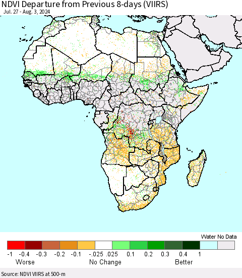 Africa NDVI Departure from Previous 8-days (VIIRS) Thematic Map For 7/27/2024 - 8/3/2024