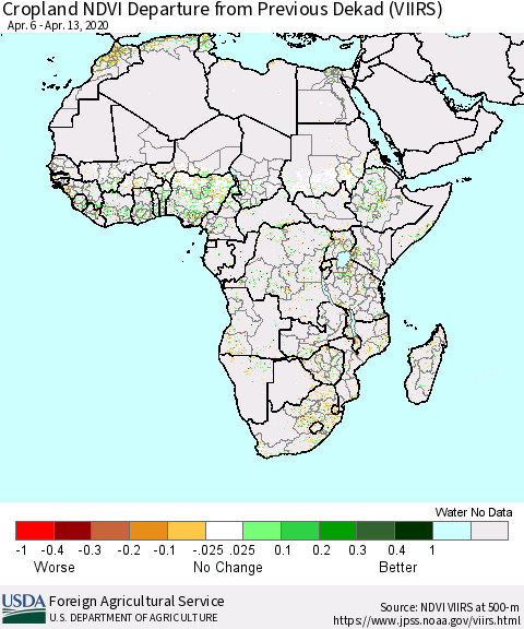 Africa Cropland NDVI Departure from Previous Dekad (VIIRS) Thematic Map For 4/11/2020 - 4/20/2020