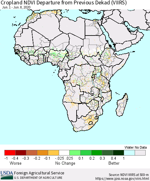 Africa Cropland NDVI Departure from Previous Dekad (VIIRS) Thematic Map For 6/1/2020 - 6/10/2020