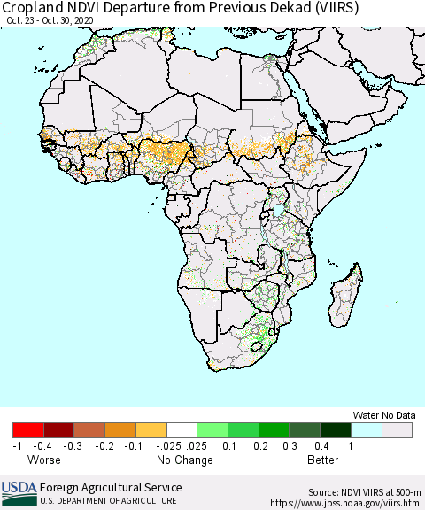 Africa Cropland NDVI Departure from Previous Dekad (VIIRS) Thematic Map For 10/21/2020 - 10/31/2020