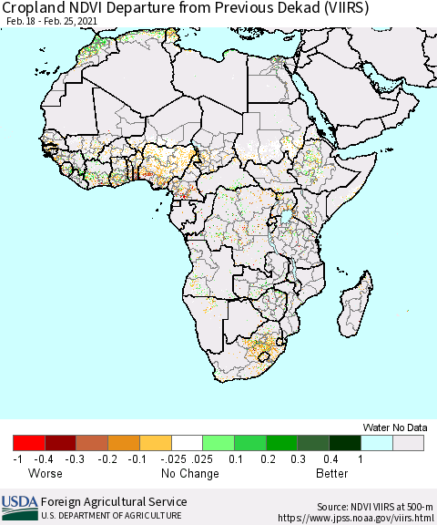 Africa Cropland NDVI Departure from Previous Dekad (VIIRS) Thematic Map For 2/21/2021 - 2/28/2021