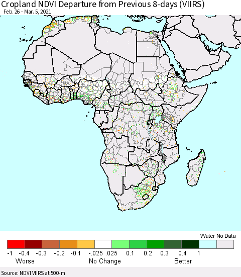 Africa Cropland NDVI Departure from Previous 8-days (VIIRS) Thematic Map For 2/26/2021 - 3/5/2021