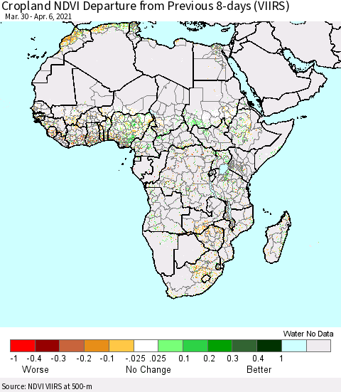 Africa Cropland NDVI Departure from Previous 8-days (VIIRS) Thematic Map For 3/30/2021 - 4/6/2021