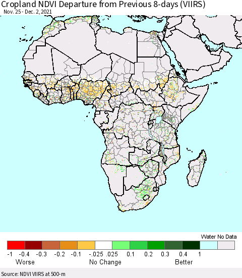 Africa Cropland NDVI Departure from Previous 8-days (VIIRS) Thematic Map For 11/25/2021 - 12/2/2021