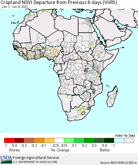 Africa Cropland NDVI Departure from Previous 8-days (VIIRS) Thematic Map For 1/1/2022 - 1/8/2022