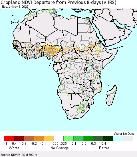 Africa Cropland NDVI Departure from Previous 8-days (VIIRS) Thematic Map For 11/1/2022 - 11/8/2022