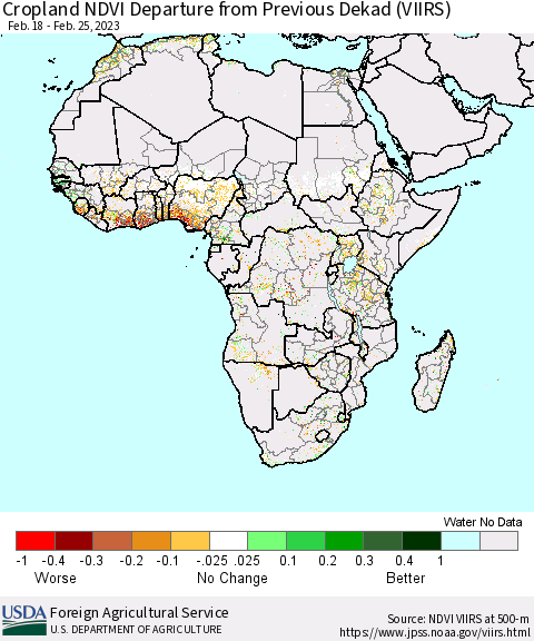 Africa Cropland NDVI Departure from Previous Dekad (VIIRS) Thematic Map For 2/21/2023 - 2/28/2023