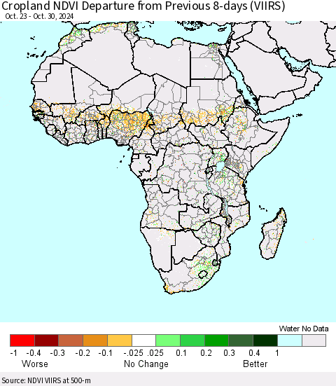 Africa Cropland NDVI Departure from Previous 8-days (VIIRS) Thematic Map For 10/23/2024 - 10/30/2024