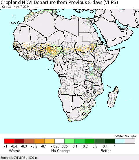 Africa Cropland NDVI Departure from Previous 8-days (VIIRS) Thematic Map For 10/31/2024 - 11/7/2024