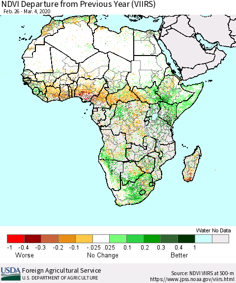 Africa NDVI Departure from Previous Year (VIIRS) Thematic Map For 3/1/2020 - 3/10/2020