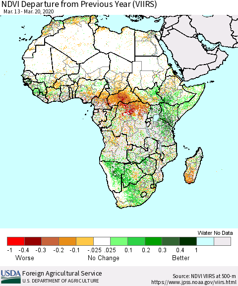 Africa NDVI Departure from Previous Year (VIIRS) Thematic Map For 3/11/2020 - 3/20/2020