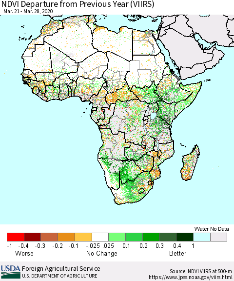 Africa NDVI Departure from Previous Year (VIIRS) Thematic Map For 3/21/2020 - 3/31/2020