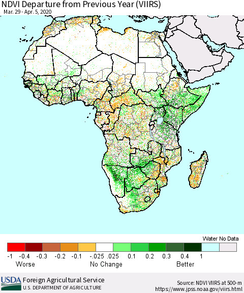 Africa NDVI Departure from Previous Year (VIIRS) Thematic Map For 4/1/2020 - 4/10/2020