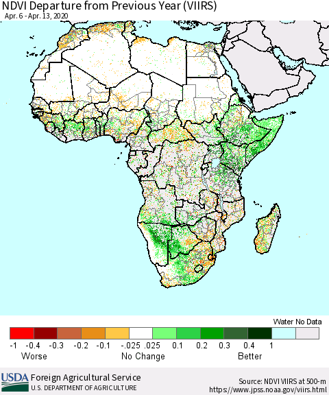 Africa NDVI Departure from Previous Year (VIIRS) Thematic Map For 4/11/2020 - 4/20/2020