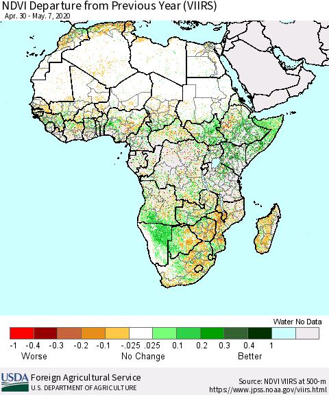 Africa NDVI Departure from Previous Year (VIIRS) Thematic Map For 5/1/2020 - 5/10/2020
