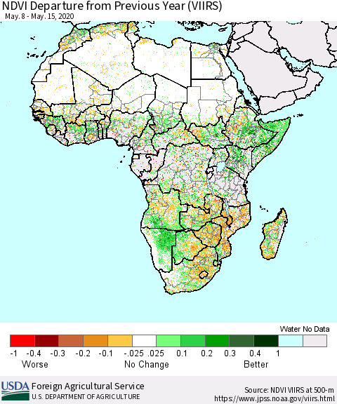 Africa NDVI Departure from Previous Year (VIIRS) Thematic Map For 5/11/2020 - 5/20/2020