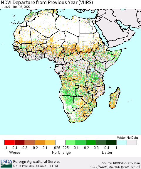 Africa NDVI Departure from Previous Year (VIIRS) Thematic Map For 6/11/2020 - 6/20/2020