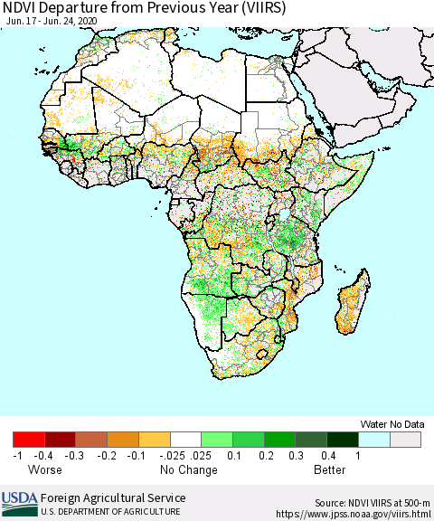Africa NDVI Departure from Previous Year (VIIRS) Thematic Map For 6/21/2020 - 6/30/2020