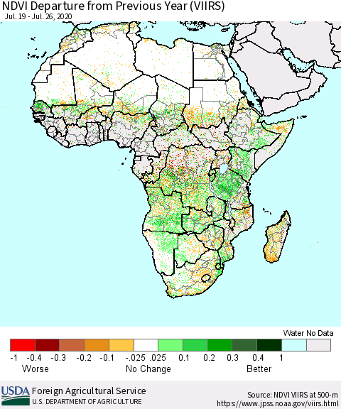 Africa NDVI Departure from Previous Year (VIIRS) Thematic Map For 7/21/2020 - 7/31/2020
