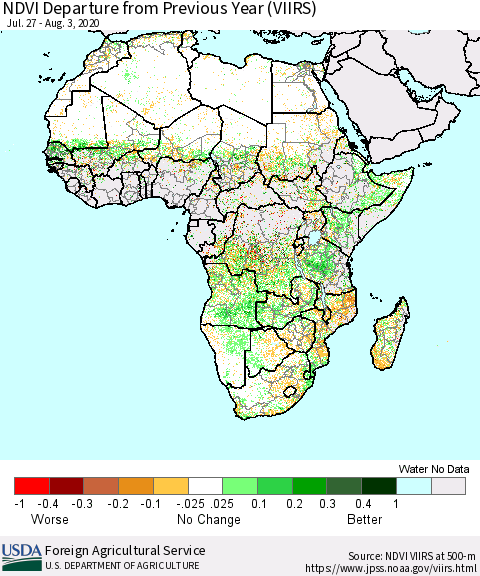 Africa NDVI Departure from Previous Year (VIIRS) Thematic Map For 8/1/2020 - 8/10/2020